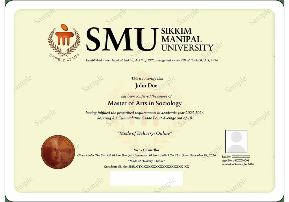 Online MA Sociology sample degree certificate